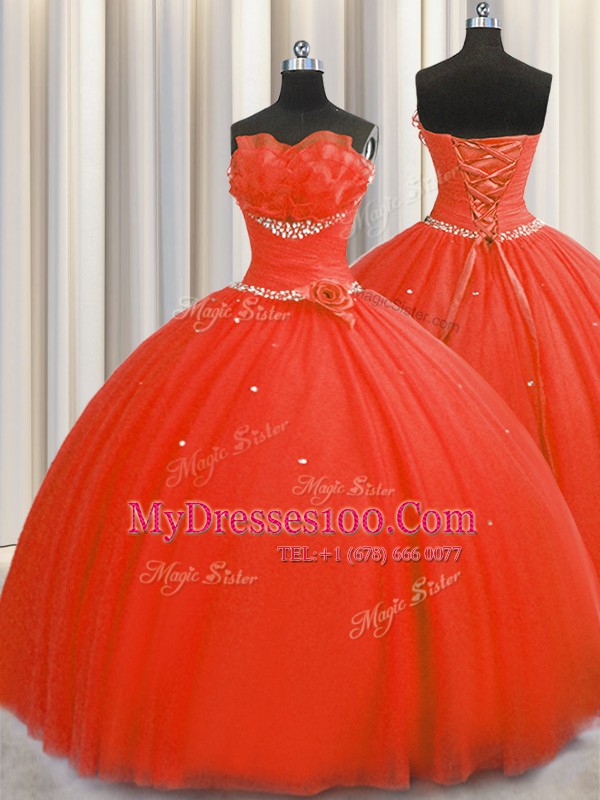 Popular Handcrafted Flower Coral Red Strapless Lace Up Beading and Sequins and Hand Made Flower Quince Ball Gowns Sleeveless