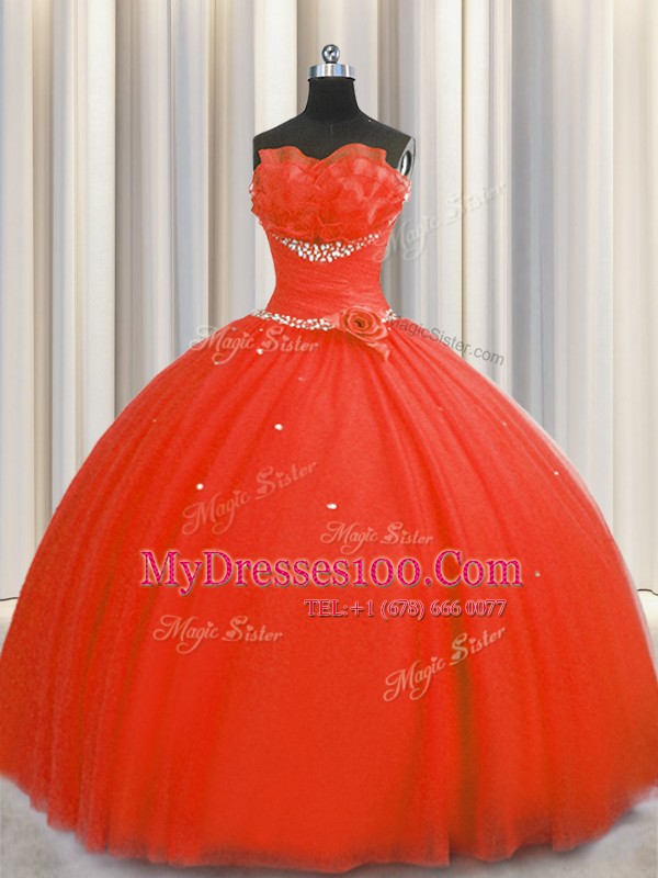 Popular Handcrafted Flower Coral Red Strapless Lace Up Beading and Sequins and Hand Made Flower Quince Ball Gowns Sleeveless