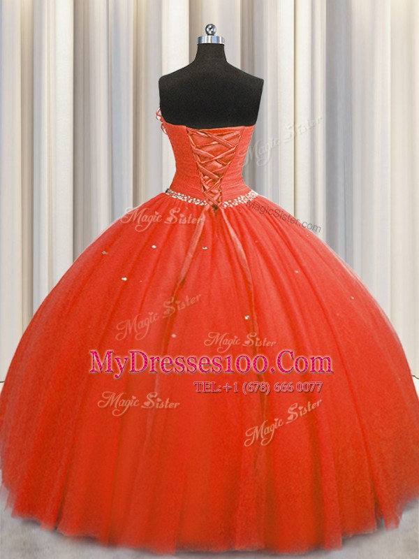 Popular Handcrafted Flower Coral Red Strapless Lace Up Beading and Sequins and Hand Made Flower Quince Ball Gowns Sleeveless