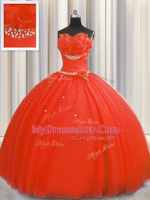 Popular Handcrafted Flower Coral Red Strapless Lace Up Beading and Sequins and Hand Made Flower Quince Ball Gowns Sleeveless