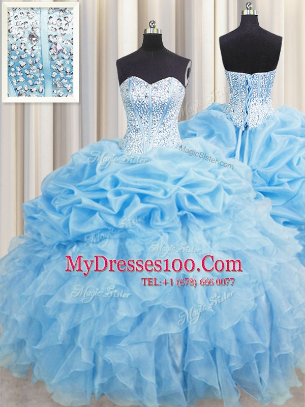 Lovely Visible Boning Floor Length Lace Up Quinceanera Dresses Baby Blue for Military Ball and Sweet 16 and Quinceanera with Beading and Ruffles and Pick Ups