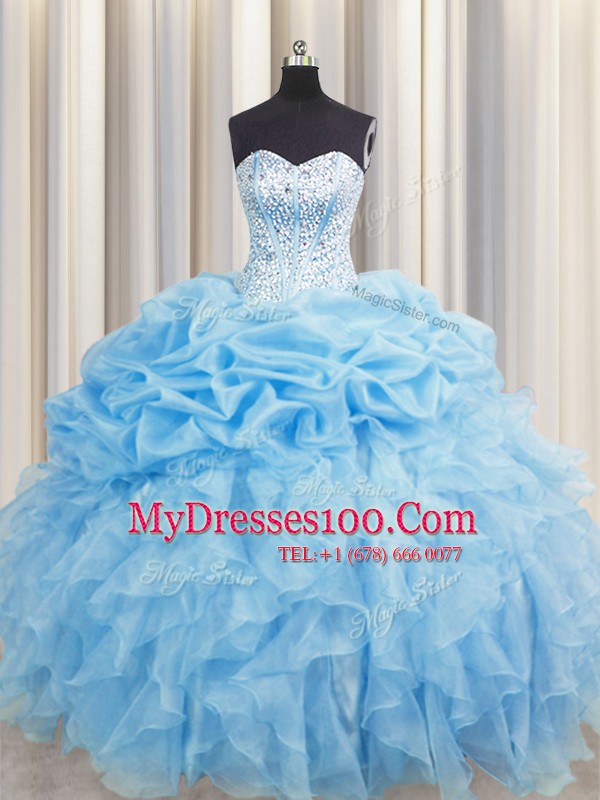 Lovely Visible Boning Floor Length Lace Up Quinceanera Dresses Baby Blue for Military Ball and Sweet 16 and Quinceanera with Beading and Ruffles and Pick Ups