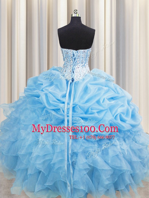 Lovely Visible Boning Floor Length Lace Up Quinceanera Dresses Baby Blue for Military Ball and Sweet 16 and Quinceanera with Beading and Ruffles and Pick Ups