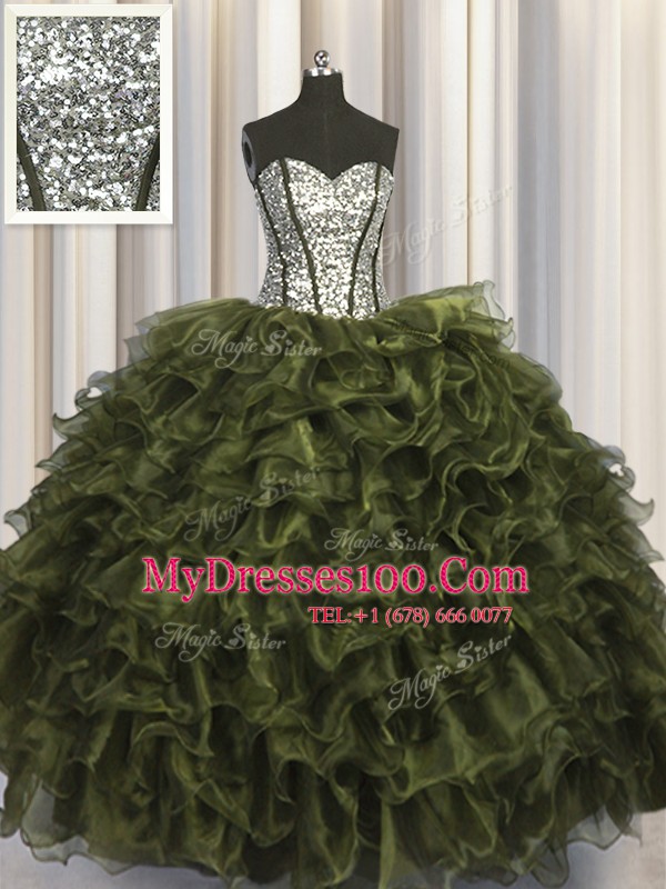 Visible Boning Organza and Sequined Sleeveless Floor Length Vestidos de Quinceanera and Ruffles and Sequins