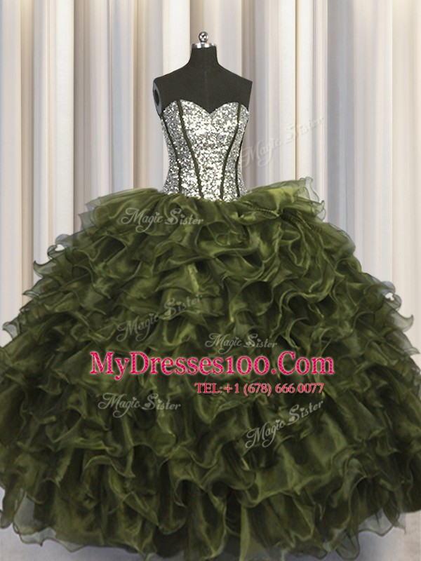 Visible Boning Organza and Sequined Sleeveless Floor Length Vestidos de Quinceanera and Ruffles and Sequins