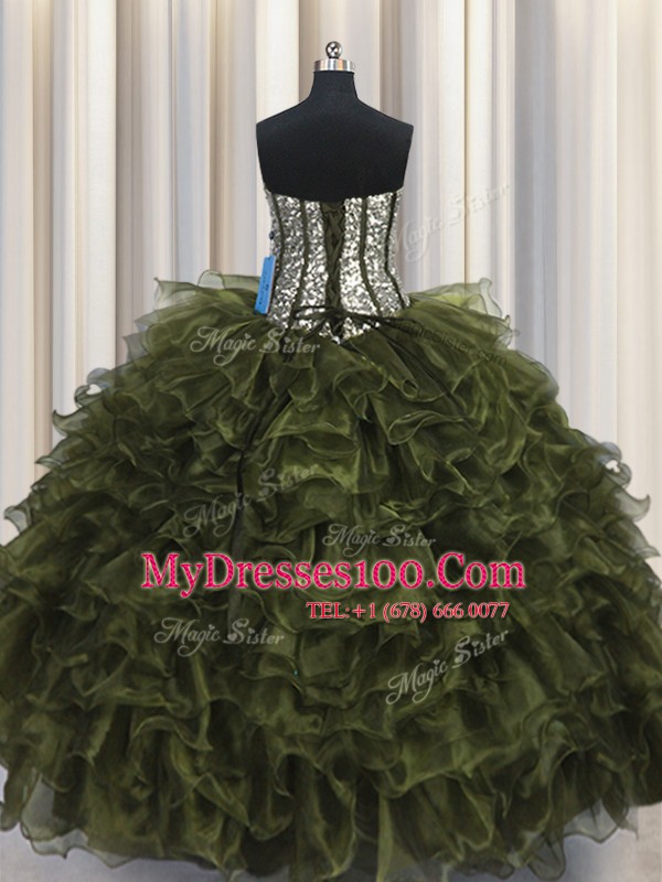 Visible Boning Organza and Sequined Sleeveless Floor Length Vestidos de Quinceanera and Ruffles and Sequins