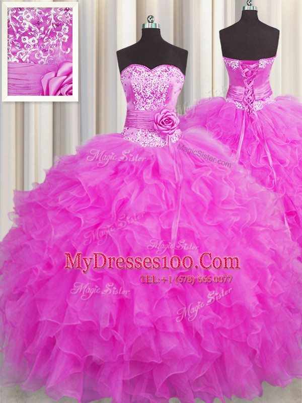 Handcrafted Flower Fuchsia Sleeveless Organza Lace Up Quince Ball Gowns for Military Ball and Sweet 16 and Quinceanera