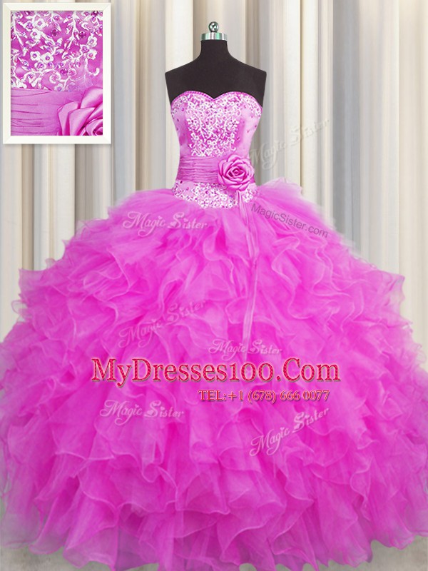 Handcrafted Flower Fuchsia Sleeveless Organza Lace Up Quince Ball Gowns for Military Ball and Sweet 16 and Quinceanera