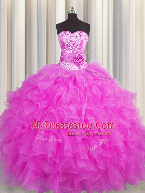 Handcrafted Flower Fuchsia Sleeveless Organza Lace Up Quince Ball Gowns for Military Ball and Sweet 16 and Quinceanera