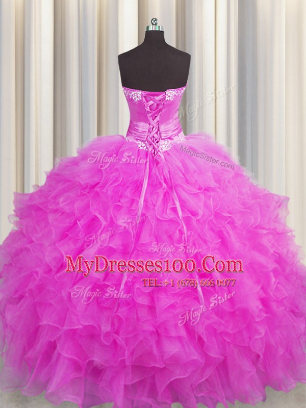 Handcrafted Flower Fuchsia Sleeveless Organza Lace Up Quince Ball Gowns for Military Ball and Sweet 16 and Quinceanera