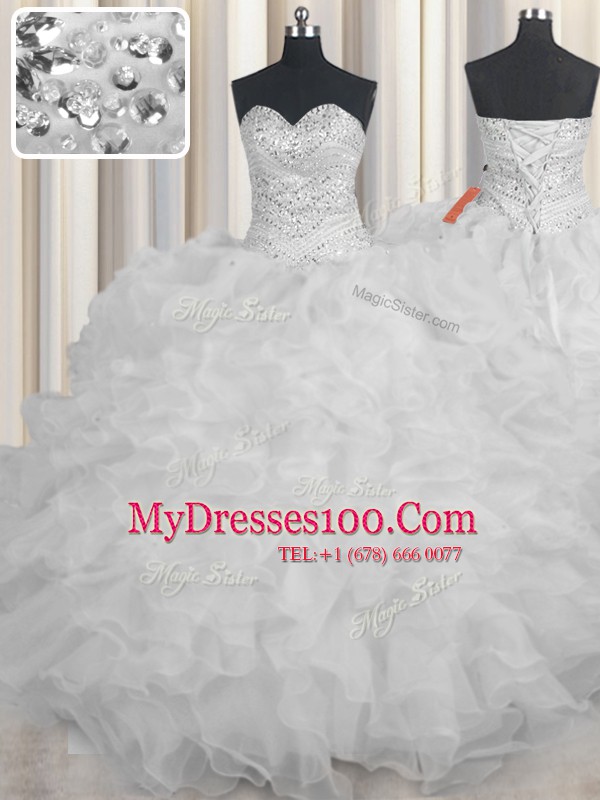 Free and Easy White Quinceanera Dresses Military Ball and Sweet 16 and Quinceanera and For with Beading and Ruffles Sweetheart Sleeveless Lace Up