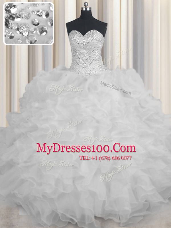 Free and Easy White Quinceanera Dresses Military Ball and Sweet 16 and Quinceanera and For with Beading and Ruffles Sweetheart Sleeveless Lace Up
