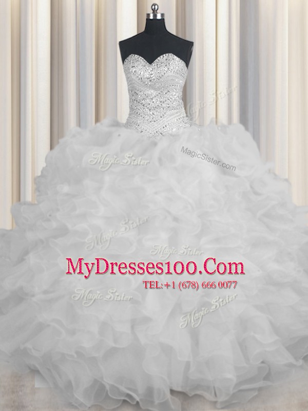 Free and Easy White Quinceanera Dresses Military Ball and Sweet 16 and Quinceanera and For with Beading and Ruffles Sweetheart Sleeveless Lace Up