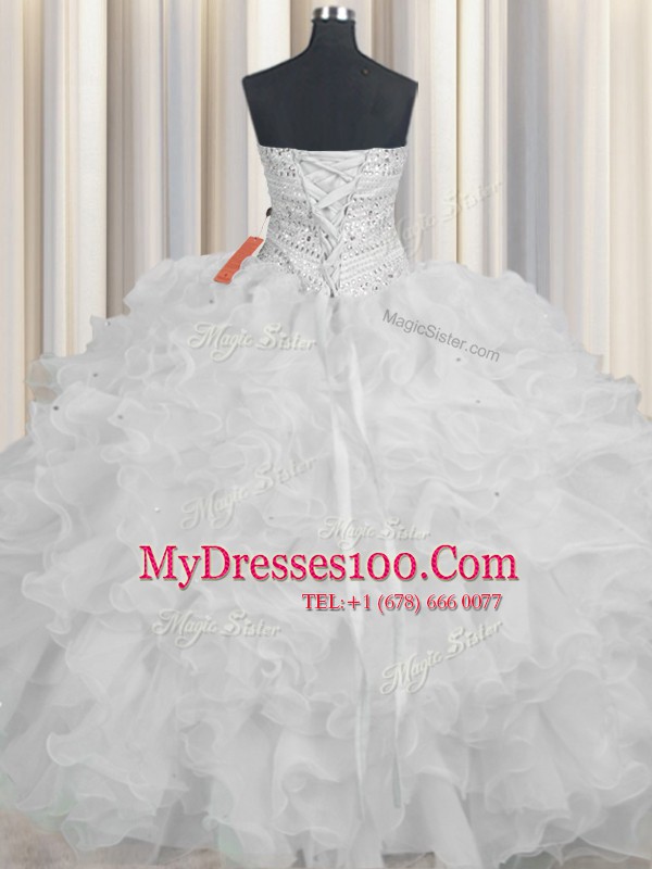 Free and Easy White Quinceanera Dresses Military Ball and Sweet 16 and Quinceanera and For with Beading and Ruffles Sweetheart Sleeveless Lace Up