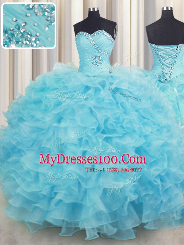 Attractive Floor Length Lace Up Quinceanera Dress Aqua Blue for Military Ball and Sweet 16 and Quinceanera with Beading and Ruffles