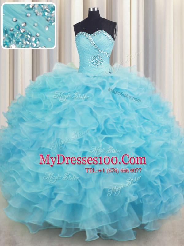 Attractive Floor Length Lace Up Quinceanera Dress Aqua Blue for Military Ball and Sweet 16 and Quinceanera with Beading and Ruffles