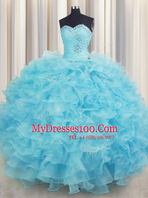 Attractive Floor Length Lace Up Quinceanera Dress Aqua Blue for Military Ball and Sweet 16 and Quinceanera with Beading and Ruffles