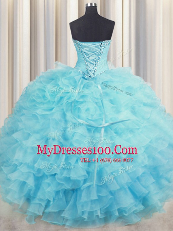 Attractive Floor Length Lace Up Quinceanera Dress Aqua Blue for Military Ball and Sweet 16 and Quinceanera with Beading and Ruffles
