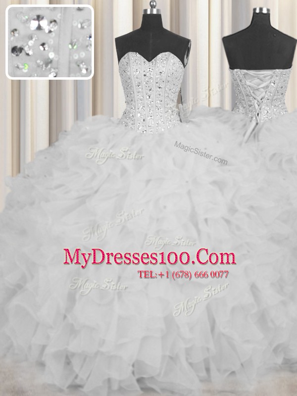 On Sale Visible Boning Floor Length White Vestidos de Quinceanera Sweetheart Sleeveless Lace Up