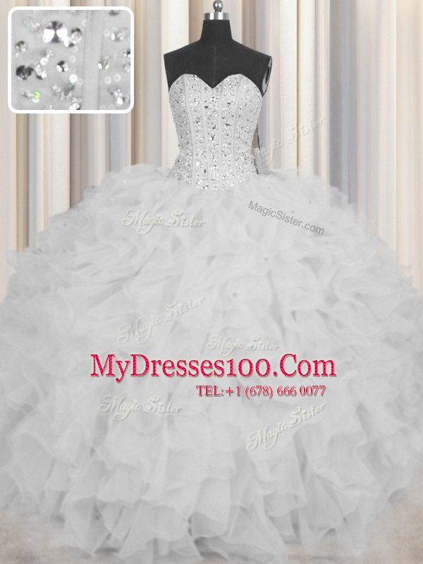 On Sale Visible Boning Floor Length White Vestidos de Quinceanera Sweetheart Sleeveless Lace Up
