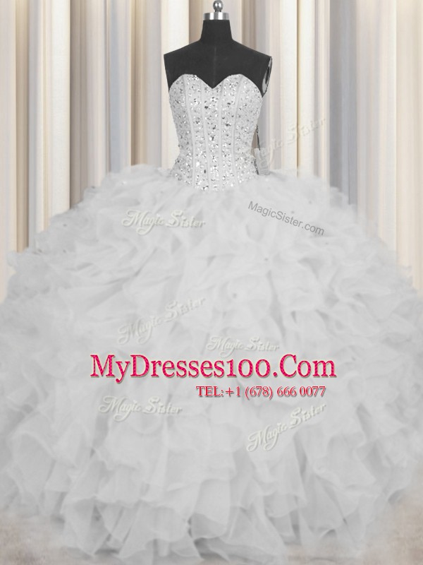On Sale Visible Boning Floor Length White Vestidos de Quinceanera Sweetheart Sleeveless Lace Up