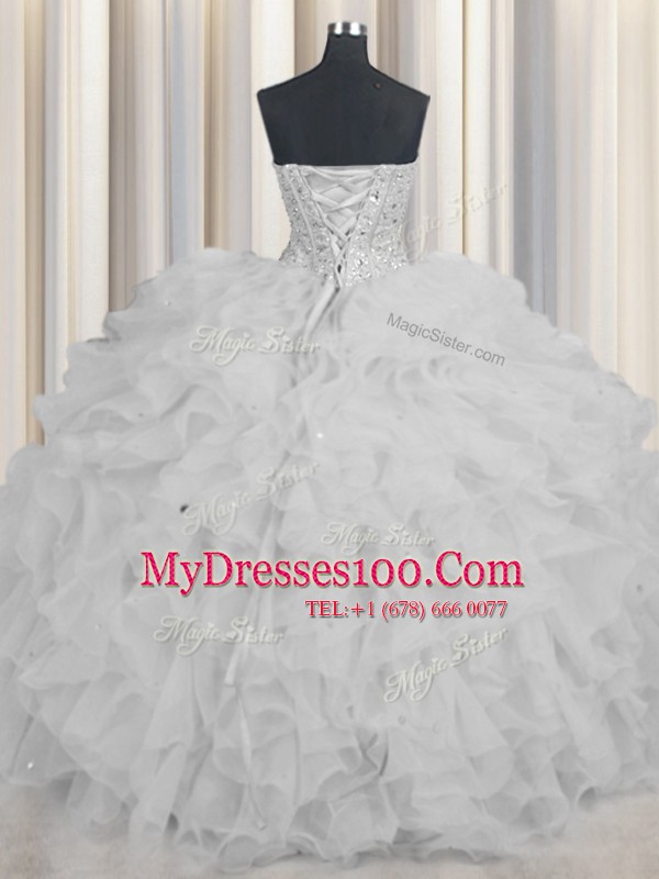 On Sale Visible Boning Floor Length White Vestidos de Quinceanera Sweetheart Sleeveless Lace Up