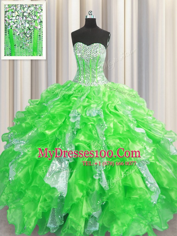 Dazzling Visible Boning Sleeveless Beading and Ruffles and Sequins Floor Length Quinceanera Gowns