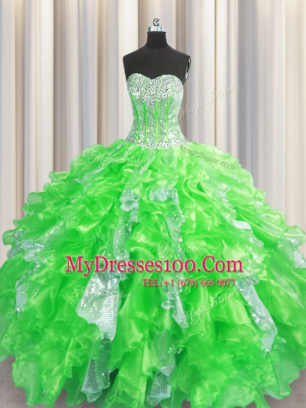 Dazzling Visible Boning Sleeveless Beading and Ruffles and Sequins Floor Length Quinceanera Gowns