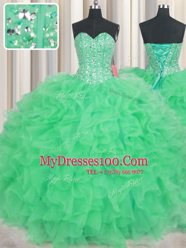 Visible Boning Sleeveless Floor Length Beading and Ruffles Lace Up Quinceanera Dresses with Green