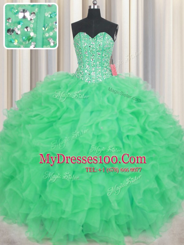 Visible Boning Sleeveless Floor Length Beading and Ruffles Lace Up Quinceanera Dresses with Green
