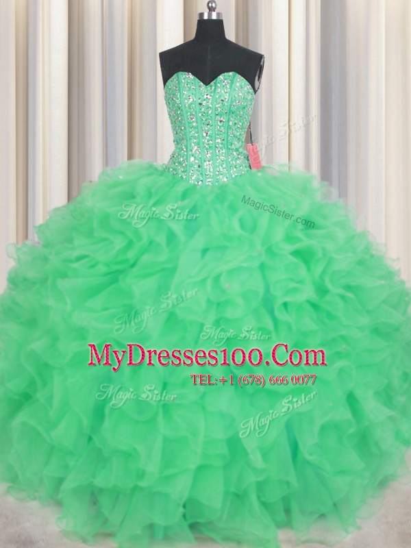 Visible Boning Sleeveless Floor Length Beading and Ruffles Lace Up Quinceanera Dresses with Green