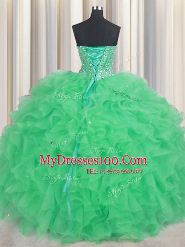 Visible Boning Sleeveless Floor Length Beading and Ruffles Lace Up Quinceanera Dresses with Green