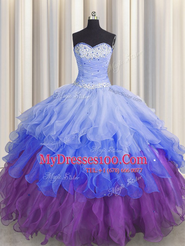 Hot Selling Sleeveless Floor Length Beading and Ruffles and Ruffled Layers and Sequins Zipper Quinceanera Dresses with Multi-color