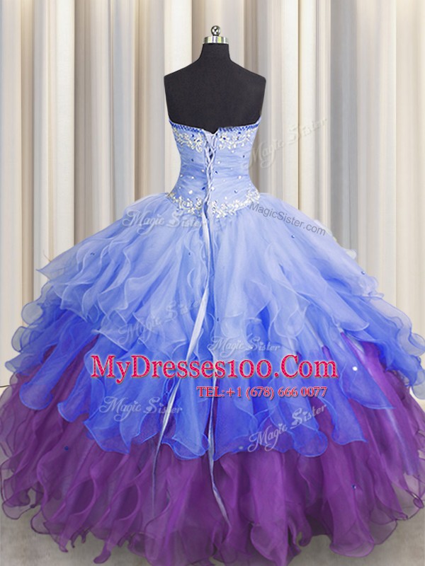 Hot Selling Sleeveless Floor Length Beading and Ruffles and Ruffled Layers and Sequins Zipper Quinceanera Dresses with Multi-color