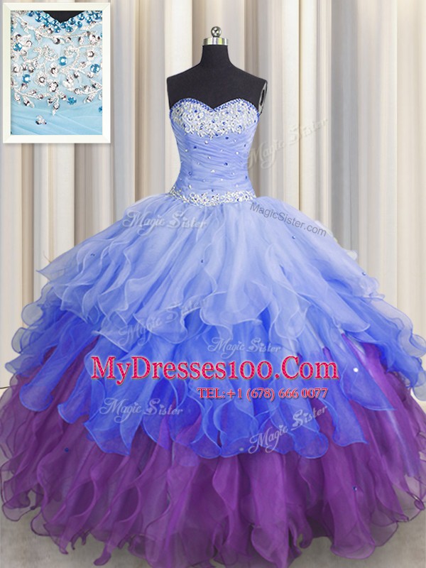 Hot Selling Sleeveless Floor Length Beading and Ruffles and Ruffled Layers and Sequins Zipper Quinceanera Dresses with Multi-color