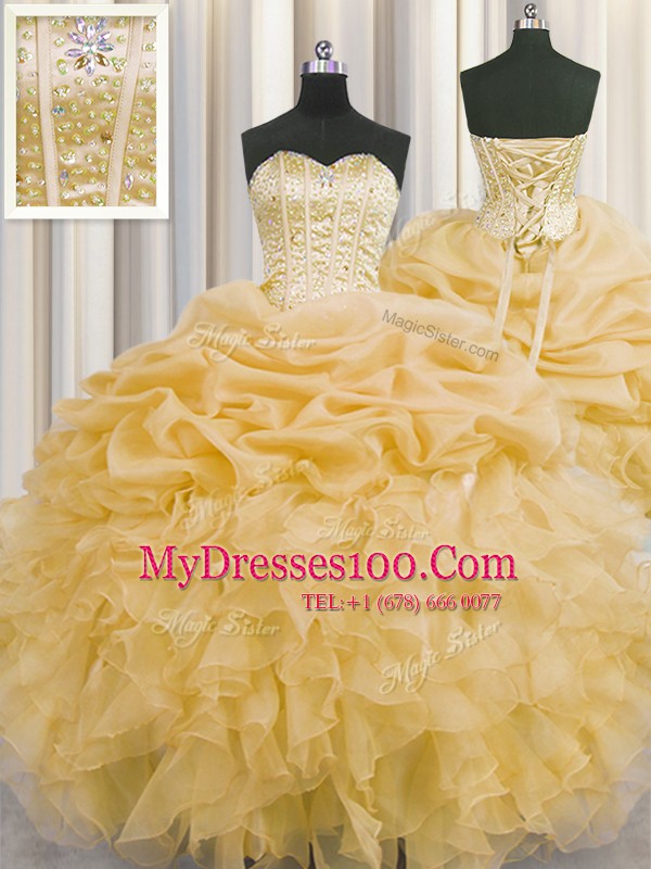 Pick Ups Visible Boning Gold Sleeveless Organza Lace Up Quinceanera Dresses for Military Ball and Sweet 16 and Quinceanera