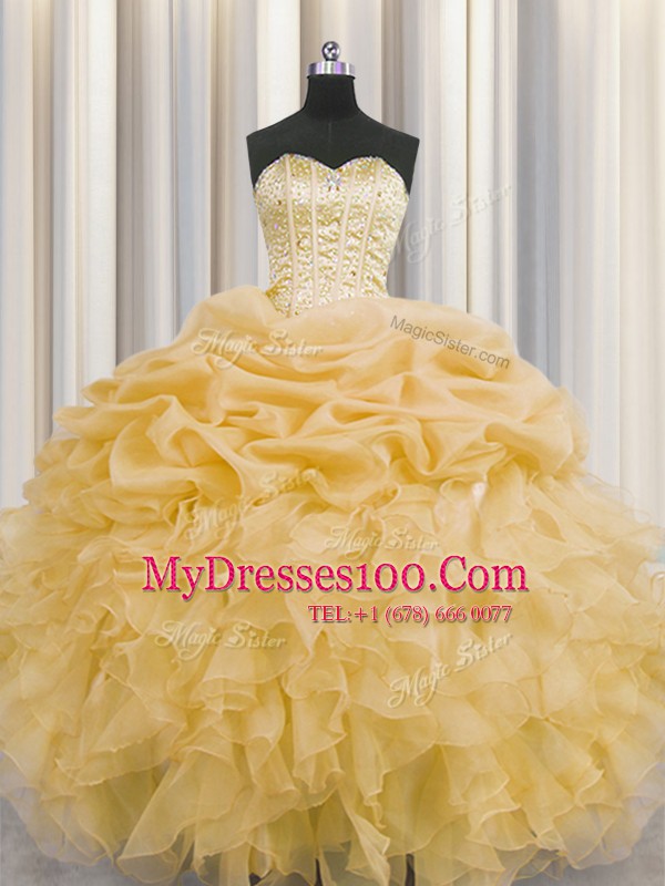 Pick Ups Visible Boning Gold Sleeveless Organza Lace Up Quinceanera Dresses for Military Ball and Sweet 16 and Quinceanera
