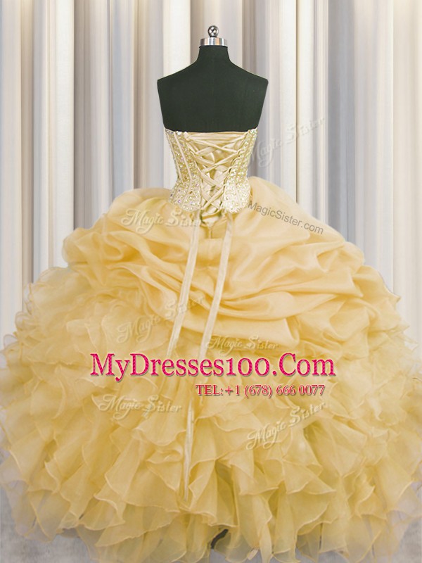 Pick Ups Visible Boning Gold Sleeveless Organza Lace Up Quinceanera Dresses for Military Ball and Sweet 16 and Quinceanera