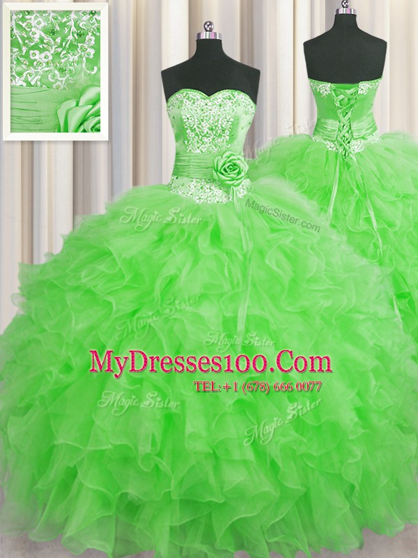 Handcrafted Flower Green Sweetheart Neckline Beading and Ruffles and Hand Made Flower Ball Gown Prom Dress Sleeveless Lace Up