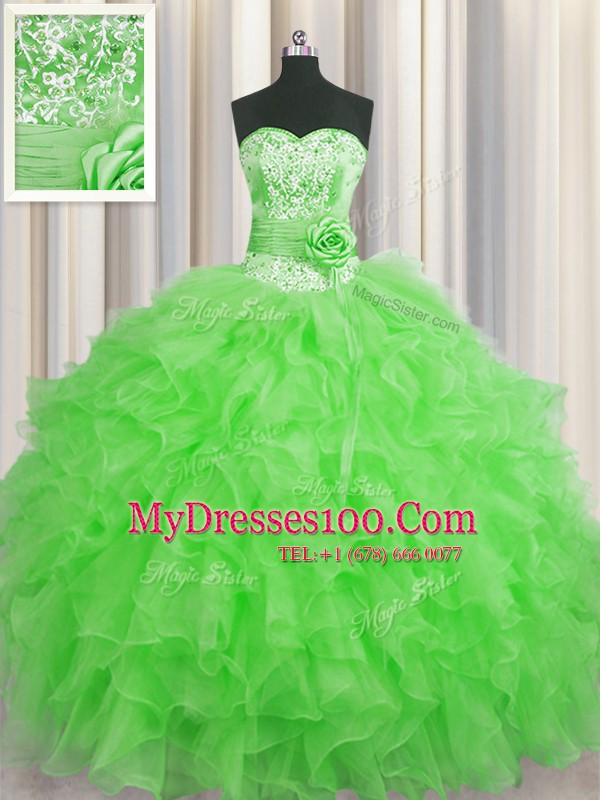 Handcrafted Flower Green Sweetheart Neckline Beading and Ruffles and Hand Made Flower Ball Gown Prom Dress Sleeveless Lace Up