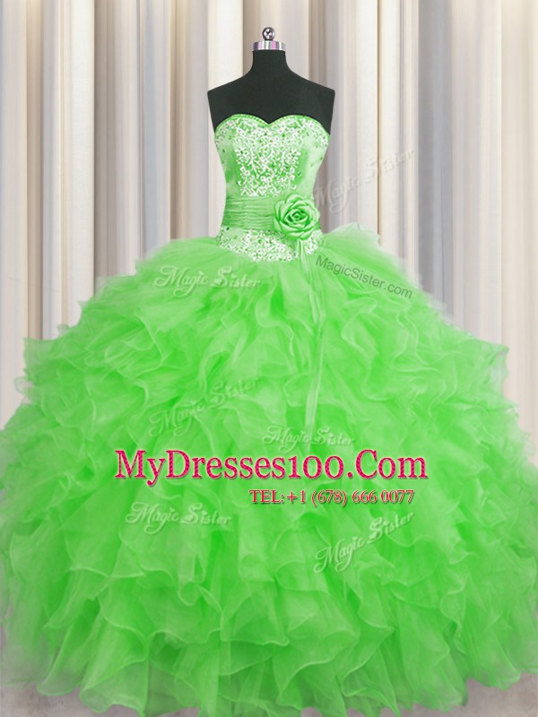 Handcrafted Flower Green Sweetheart Neckline Beading and Ruffles and Hand Made Flower Ball Gown Prom Dress Sleeveless Lace Up