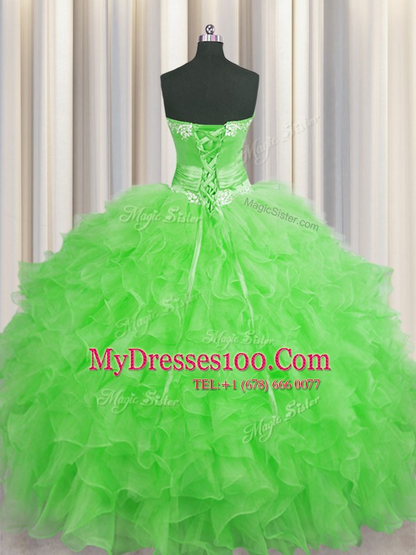 Handcrafted Flower Green Sweetheart Neckline Beading and Ruffles and Hand Made Flower Ball Gown Prom Dress Sleeveless Lace Up