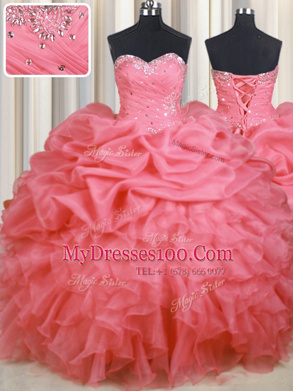 Dramatic Watermelon Red Ball Gowns Sweetheart Sleeveless Organza Floor Length Lace Up Beading and Ruffles and Ruching and Pick Ups Quinceanera Gown