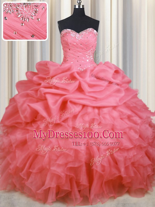 Dramatic Watermelon Red Ball Gowns Sweetheart Sleeveless Organza Floor Length Lace Up Beading and Ruffles and Ruching and Pick Ups Quinceanera Gown