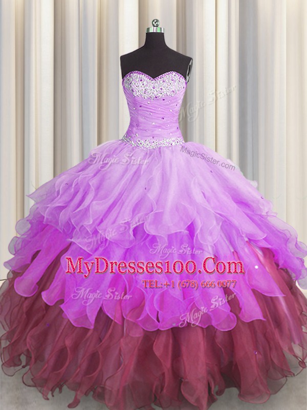 Beauteous Organza Sleeveless Floor Length 15 Quinceanera Dress and Beading and Ruffles and Ruffled Layers and Pick Ups