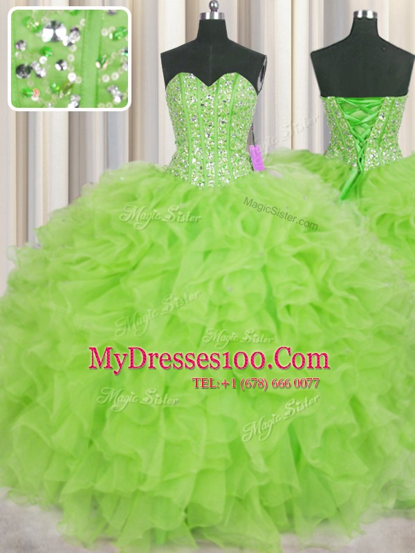 Visible Boning Beading and Ruffles Quince Ball Gowns Lace Up Sleeveless Floor Length