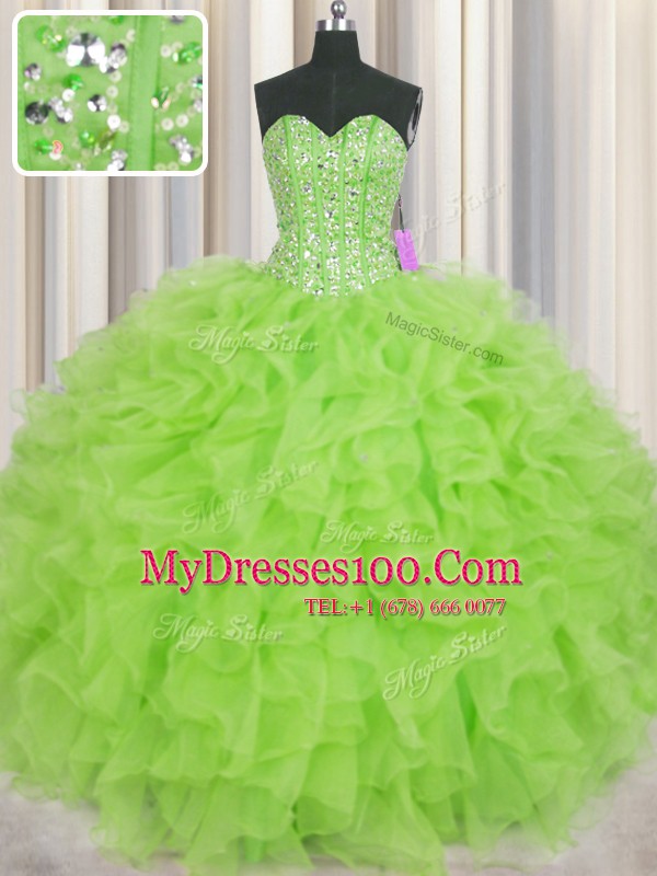 Visible Boning Beading and Ruffles Quince Ball Gowns Lace Up Sleeveless Floor Length