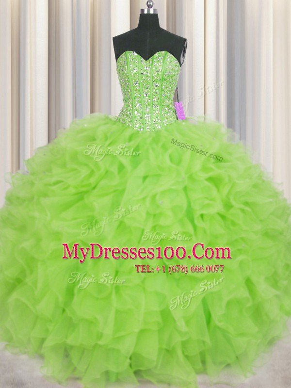 Visible Boning Beading and Ruffles Quince Ball Gowns Lace Up Sleeveless Floor Length