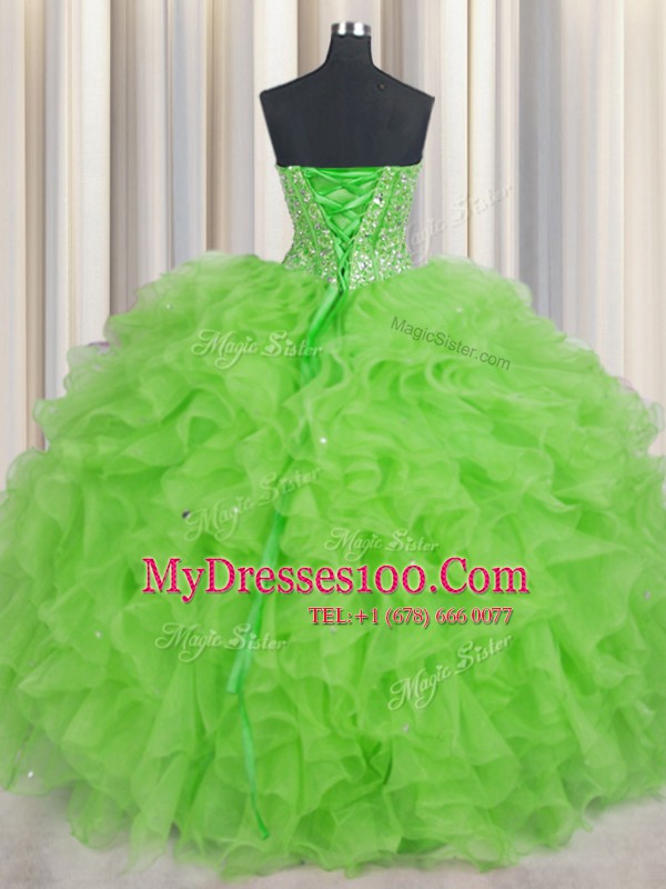Visible Boning Beading and Ruffles Quince Ball Gowns Lace Up Sleeveless Floor Length