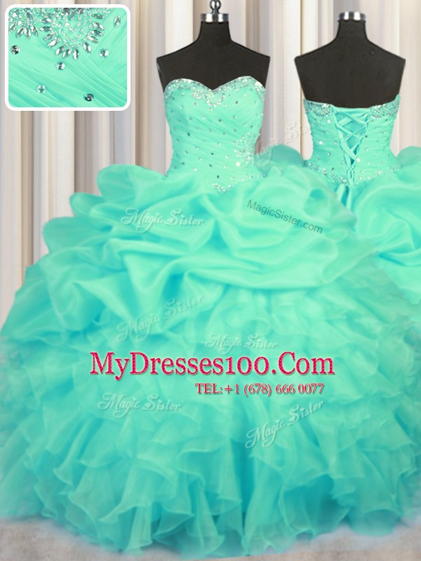 Chic Pick Ups Floor Length Ball Gowns Sleeveless Turquoise Quinceanera Gown Lace Up